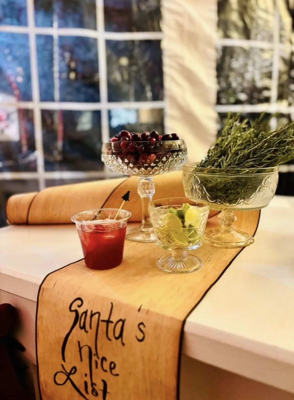 Festive drinks arranged on Santa's Nice List at Christmas at the Burr