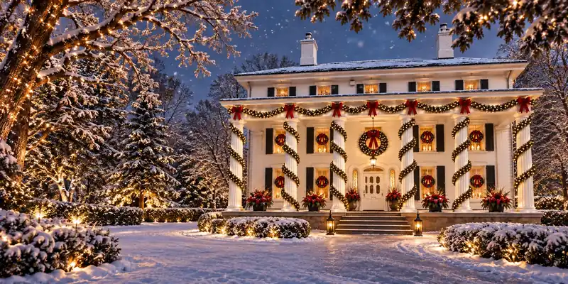 Snow-covered Burr Mansion decorated with Christmas wreaths, garlands, bows, and warm lights